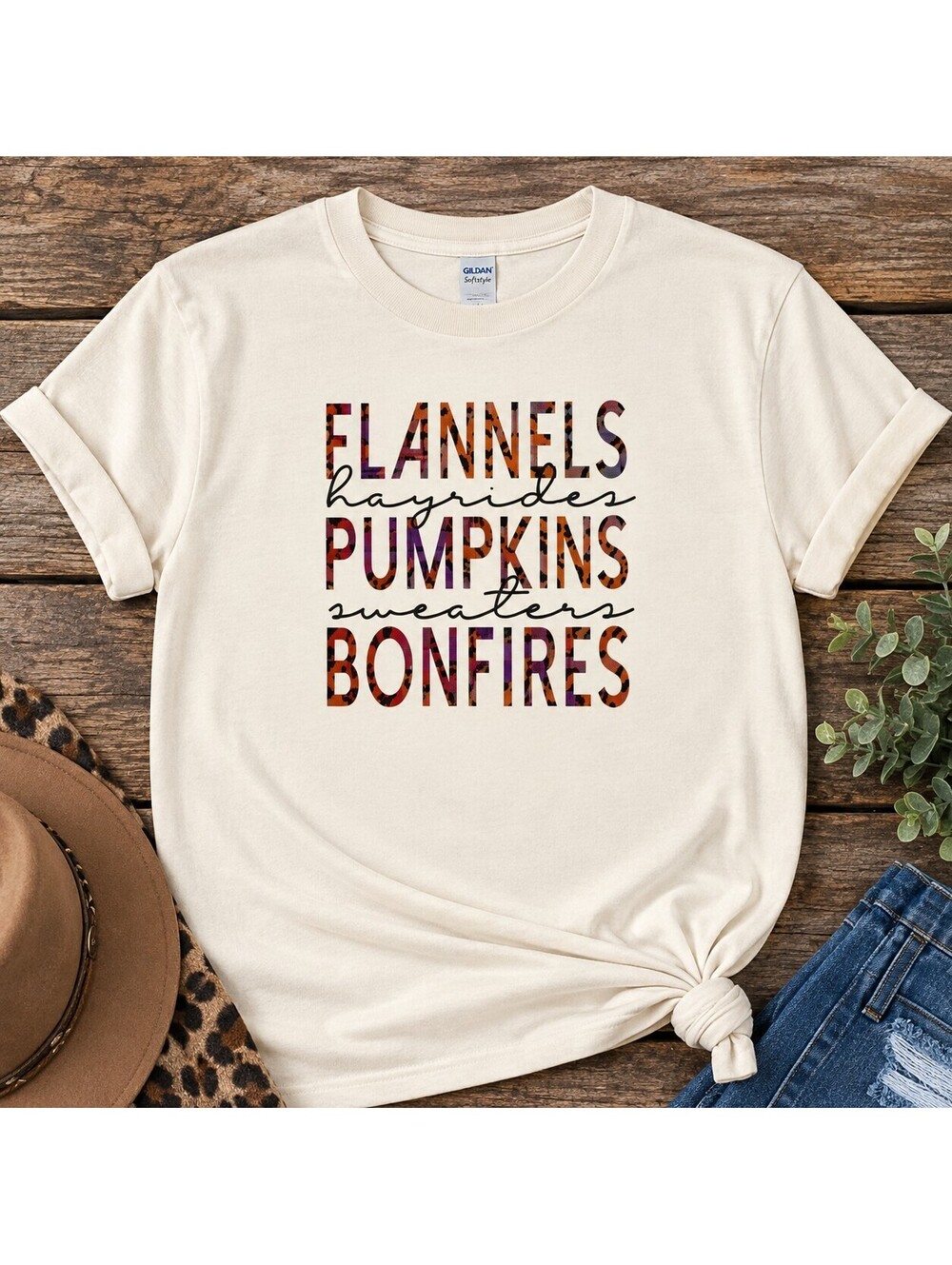 Cream Flannels Pumpkins Bonfires Graphic T-Shirt